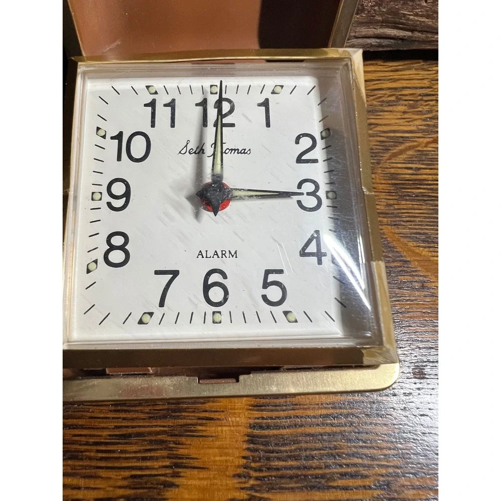 Vintage Seth Thomas Travel Alarm Clock Folding Clamshell Gold Brown Brazil Made